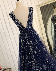 Navy Blue Tulle V Back Long Party Dress Prom Dresses, Blue A-Line Bridesmaid Dresses