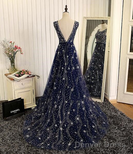 Navy Blue Tulle V Back Long Party Dress Prom Dresses, Blue A-Line Bridesmaid Dresses