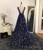 Navy Blue Tulle V Back Long Prom Dress Prom Dress, Blue A-Line Bridesmaid Dresses