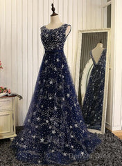 Navy Blue Tulle V Back Long Party Dress Prom Dresses, Blue A-Line Bridesmaid Dresses