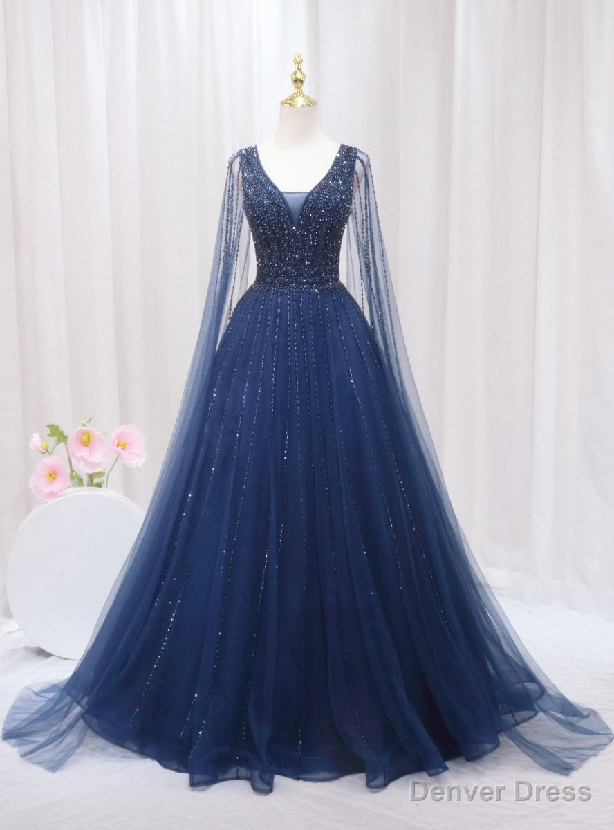 Navy Blue Tulle V Neck Beading Prom Dresses