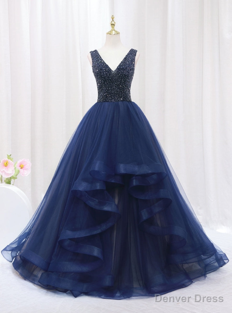 Navy Blue Tulle V Neck Beading Prom Dresses