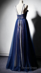 Navy Blue Tulle V Neck Long Women Prom Dresses, Lace Up Evening Dresses
