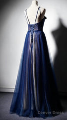 Navy Blue Tulle V Neck Long Women Prom Dress, Lace Up Evening Dress