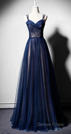 Navy Blue Tulle V Neck Long Women Prom Dresses, Lace Up Evening Dresses