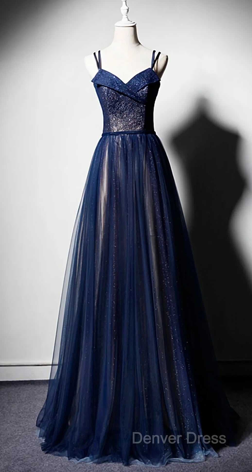 Navy Blue Tulle V Neck Long Women Prom Dresses, Lace Up Evening Dresses