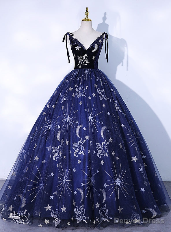 Navy Blue Tulle V Neck Print Quinceanera Dresses