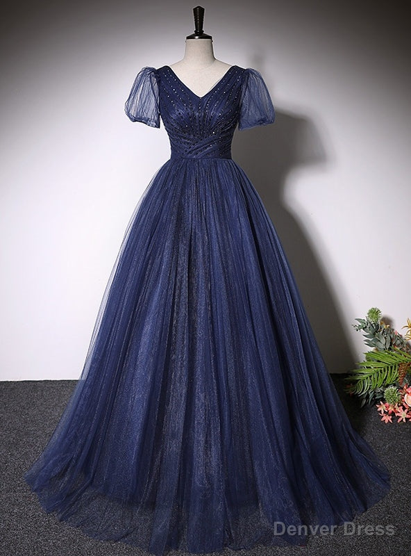Navy Blue Tulle V Neck Short Sleeve Prom Dresses