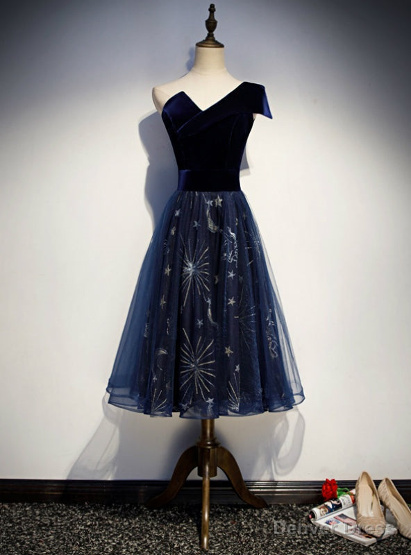 Navy Blue Tulle Velvet One Shoulder Tea Length Prom Dresses