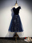 Navy Blue Tulle Velvet One Shoulder Tea Length Prom Dresses