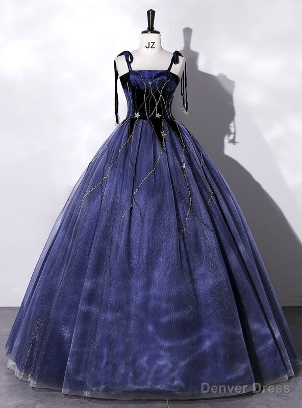 Navy Blue Tulle Velvet Straps Quinceanera Dresses Main image