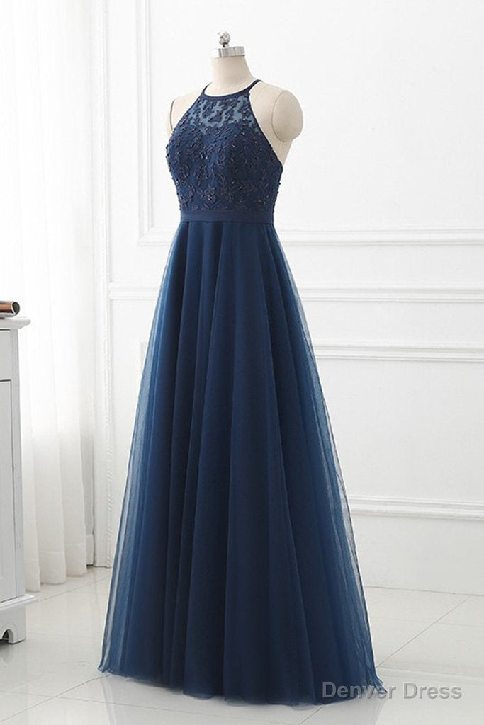 Navy Blue Tulle with Lace Applique Long Prom Dress, Blue Prom Dresses