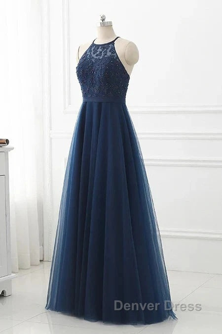 Navy Blue Tulle With Lace Applique Long Party Dresses Prom Dresses Sleeveless Elegant Secondary image