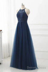 Navy Blue Tulle With Lace Applique Long Party Dress Prom Dress Sleeveless Elegant