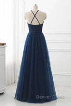 Navy Blue Tulle With Lace Applique Long Party Dresses Prom Dresses Sleeveless Elegant