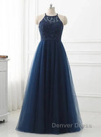 Navy Blue Tulle With Lace Applique Long Party Dresses Prom Dresses Sleeveless Elegant
