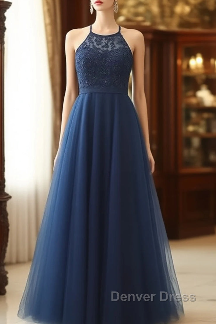 Navy Blue Tulle With Lace Applique Long Party Dresses Prom Dresses Sleeveless Elegant Main image
