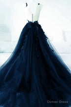 Navy Blue Tulle With Lace Applique Prom Dress, Navy Blue Tulle Prom Dresses