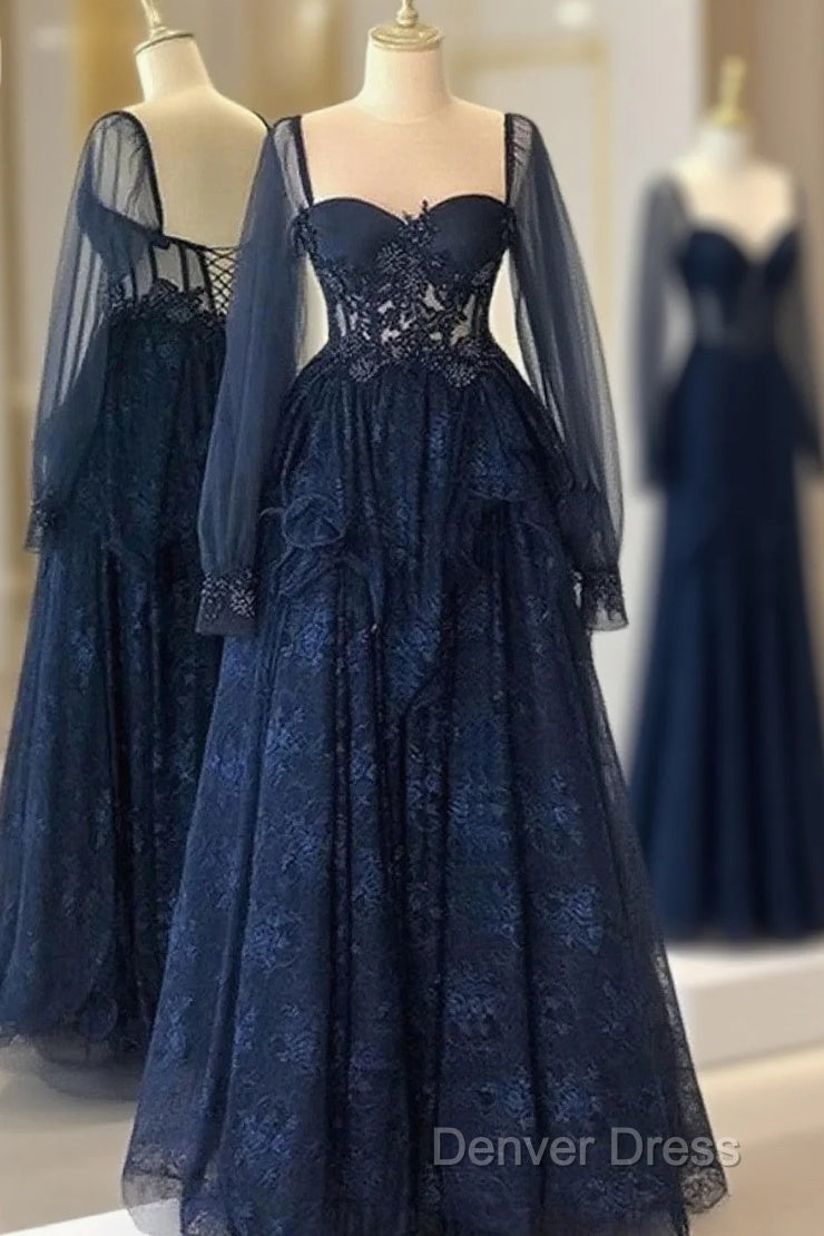 Navy Blue Tulle With Lace Long Sleeves Prom Dresses, Navy Blue Party Dresses Main image