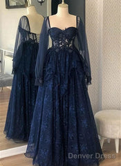 Navy Blue Tulle With Lace Long Sleeves Prom Dress, Navy Blue Party Dress