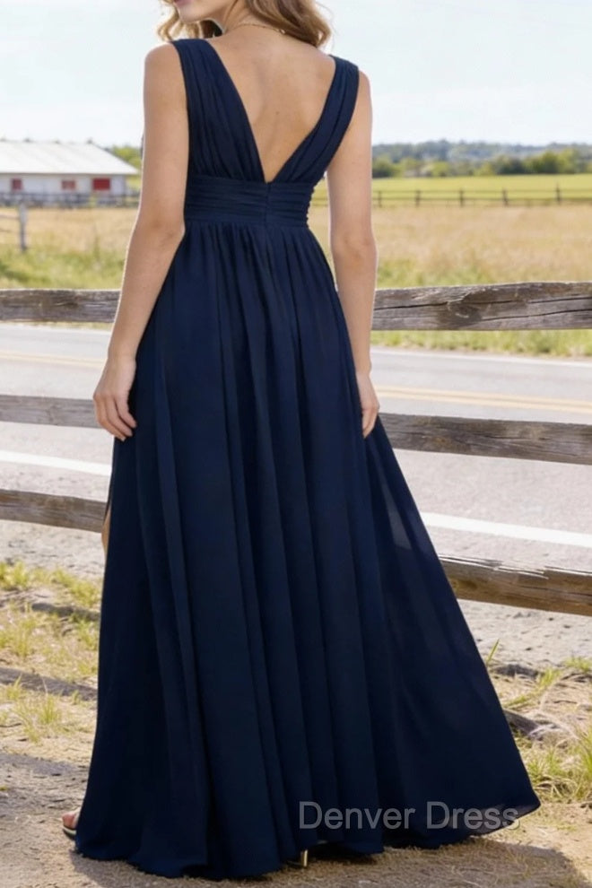 Navy Blue V Neck Chiffon Floor Length Bridesmaid Dress Long Bridesmaid Dresses With Pleated Split