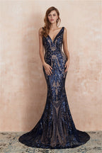 V Neck Sequins Mermaid Sleeveless Lace up Prom Dresses