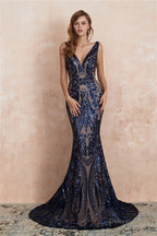 V-Neck Sequins Mermaid Sleeveless Lace-up Prom Dresses