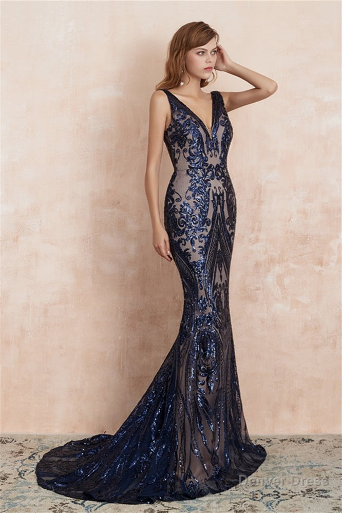 V Neck Sequins Mermaid Sleeveless Lace up Prom Dresses