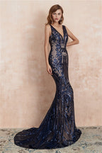 V Neck Sequins Mermaid Sleeveless Lace up Prom Dresses