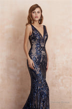 V Neck Sequins Mermaid Sleeveless Lace up Prom Dresses