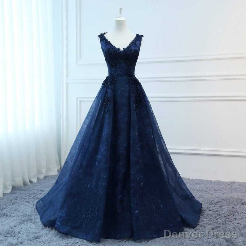 Navy Blue V-neckline Lace Long Party Dress with Flowers, Blue V-neckline Prom Dress Main image