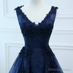 Navy Blue V Neckline Lace Long Prom Dress with Flowers, Blue V Neckline Prom Dresses