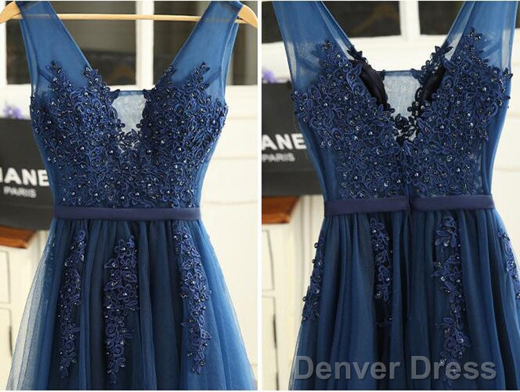Navy Blue V-Neckline Tulle With Lace Applique Short Prom Dresses, Blue Bridesmaid Dresses