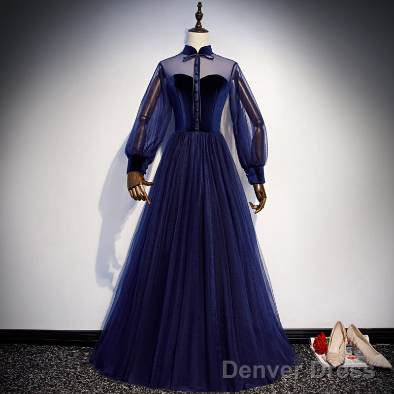 Navy Blue Velvet And Tulle A Line Long Sleeves Prom Dress, Blue Bridesmaid Dresses Secondary image