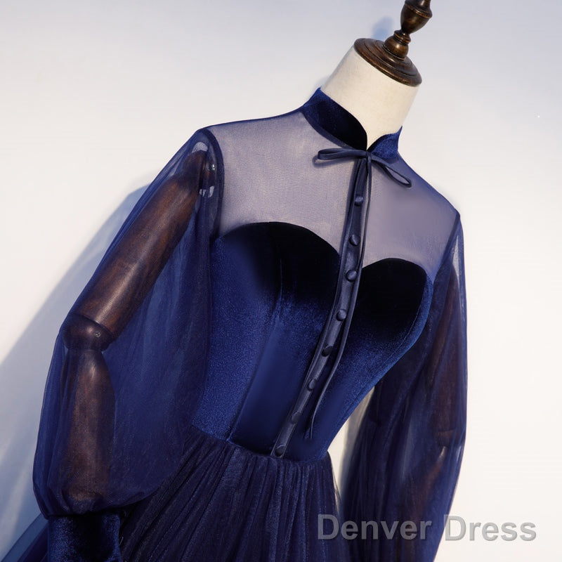 Navy Blue Velvet And Tulle A Line Long Sleeves Prom Dress, Blue Bridesmaid Dresses