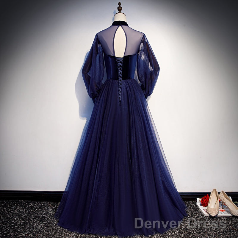 Navy Blue Velvet And Tulle A-Line Long Sleeves Prom Dresses, Blue Bridesmaid Dresses