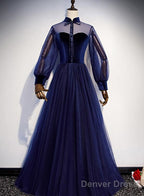 Navy Blue Velvet And Tulle A-Line Long Sleeves Prom Dresses, Blue Bridesmaid Dresses