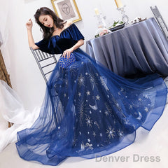 Navy Blue Velvet And Tulle Floor Length Evening Dress Party Dress, Blue Junior Prom Dresses
