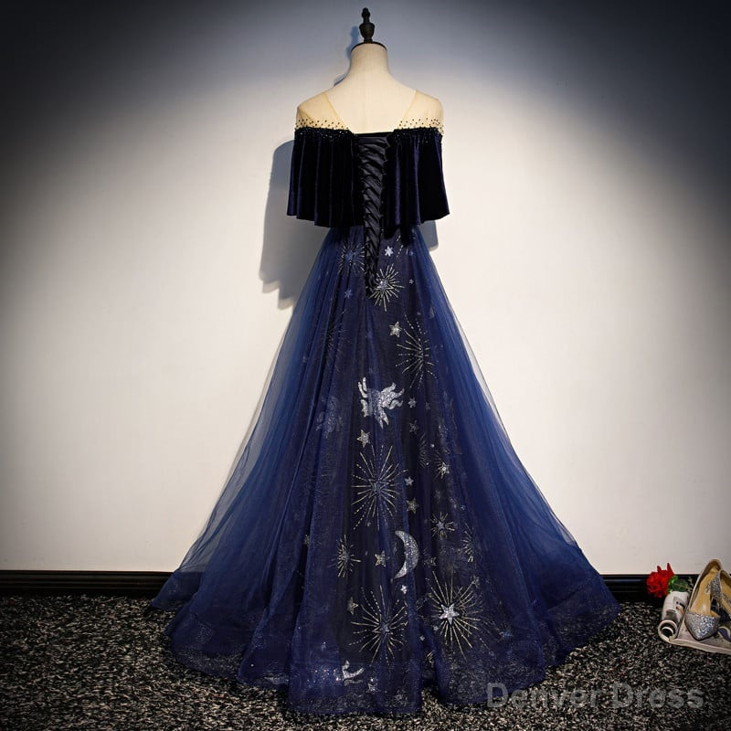 Navy Blue Velvet and Tulle Long Prom Dress A Line Blue Prom Dress shops