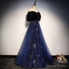 Navy Blue Velvet and Tulle Long Prom Dress A Line Blue Prom Dress shops