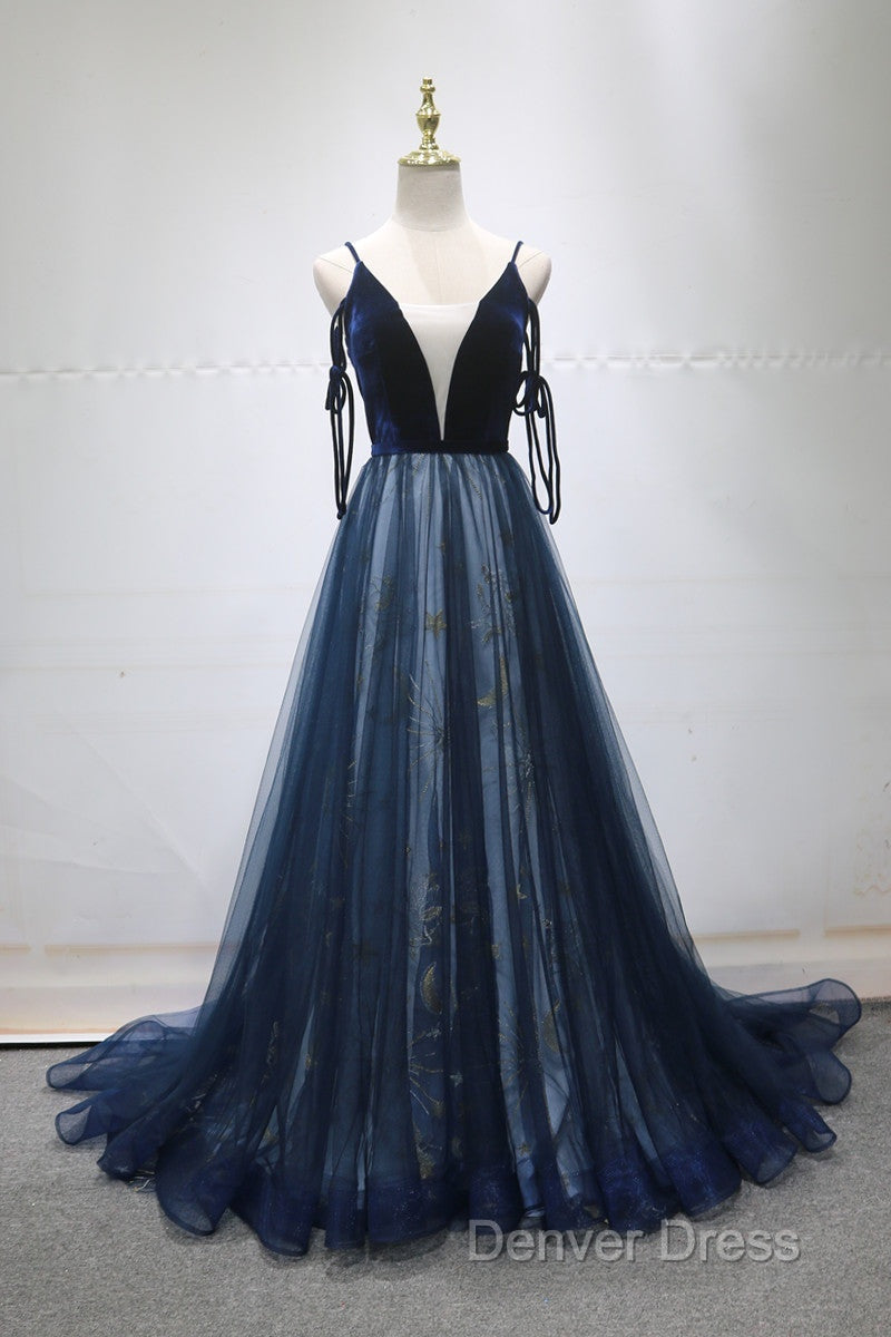 Navy Blue Velvet And Tulle Long Prom Dresses Party Dresses, Navy Blue Evening Dresses Secondary image