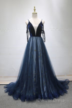 Navy Blue Velvet And Tulle Long Prom Dresses Party Dresses, Navy Blue Evening Dresses