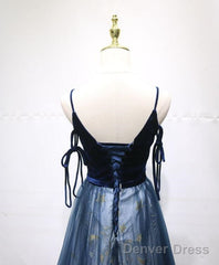 Navy Blue Velvet And Tulle Long Prom Dress Party Dress, Navy Blue Evening Dress