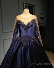 Navy Blue Velvet Ball Gown Long Sleeve Dress