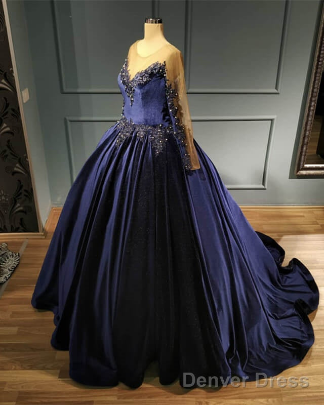 Navy Blue Velvet Ball Gown Long Sleeve Dress