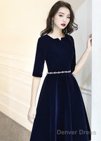 Navy Blue Velvet Knee Length Simple Bridesmaid Dress, Short Blue Velvet Prom Dresses With Beadings