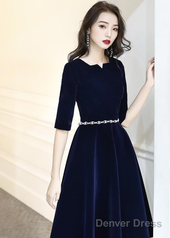 Navy Blue Velvet Knee Length Simple Bridesmaid Dress, Short Blue Velvet Prom Dresses With Beadings