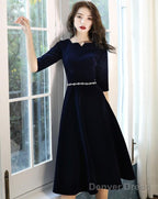 Navy Blue Velvet Knee Length Simple Bridesmaid Dress, Short Blue Velvet Prom Dresses With Beadings