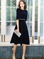 Navy Blue Velvet Knee Length Simple Bridesmaid Dress, Short Blue Velvet Prom Dresses With Beadings