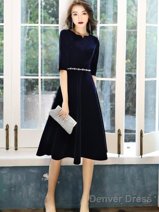 Navy Blue Velvet Knee Length Simple Bridesmaid Dress, Short Blue Velvet Prom Dresses With Beadings